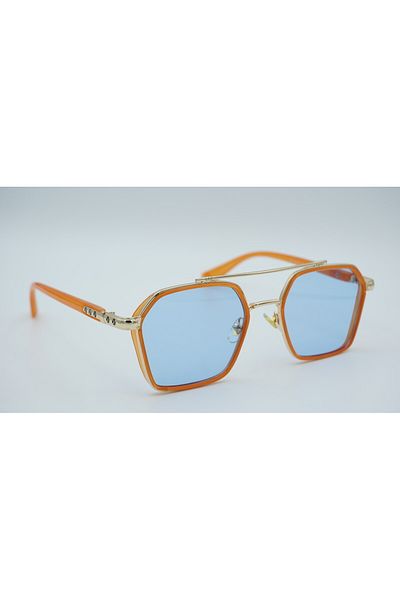 By Ella Eyes Unisex Sunglasses Rectangle Orange Frame Gold Detail Blue Glass