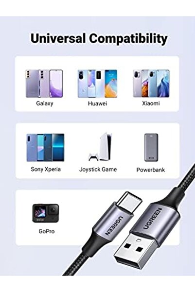 Ugreen كابل USB Type-C إلى USB كابل شحن سريع مضفر من النايلون بطول 1 متر