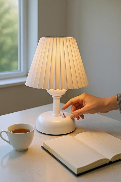 Bubihome Pilli Led Abajur, Kablosuz Pileli Dekoratif Abajur, Beyaz Metal Gövde