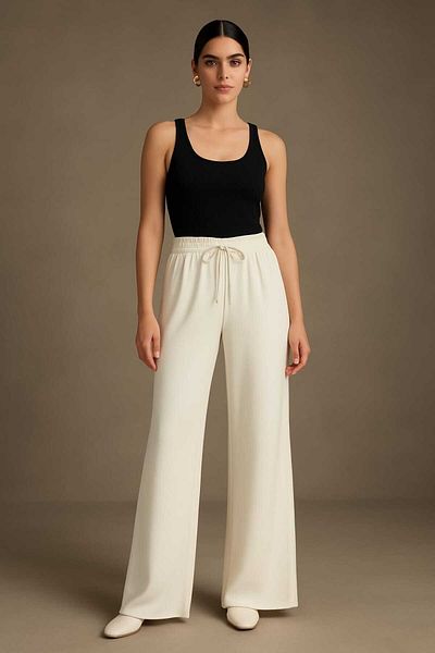 Olea Women's Ecru Lined Inside, Elastic Waist, Wide Pants