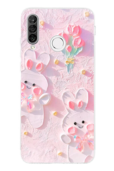 TechTree Huawei P30 Lite Uyumlu Sevimli Tavşanlar Şeffaf Silikon Kılıf