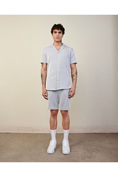 TÜZeMEN Apaş Collar Striped Short Sleeve Fabric Shirt