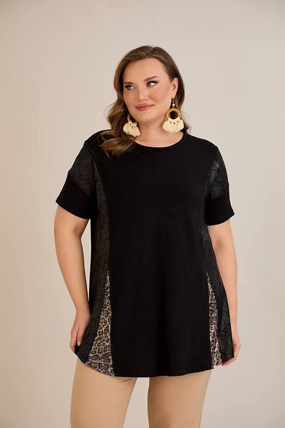 Butik Ayseba Women's Black Leopard Leather Detailed Bell Short Sleeve Plus Size T-Shirt