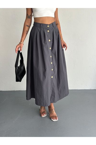 Stil Sepeti Women's Anthracite High Waist Button Detailed Parachute Fabric Midi Skirt Tll-10004163