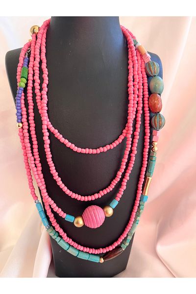 COCOSH TAKI Pink Turquoise Gold Detailed Long Wrapped Double Multi Design Necklace