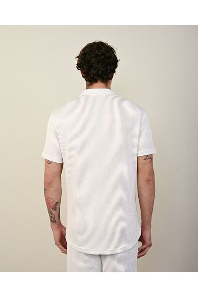 TÜZeMEN Apaş Collar Striped Short Sleeve Fabric Shirt