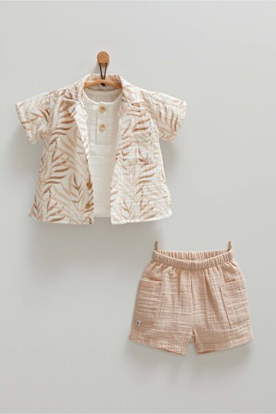 Caramell طقم ثلاثي قميص وشورت للأولاد الصغار باللون البني