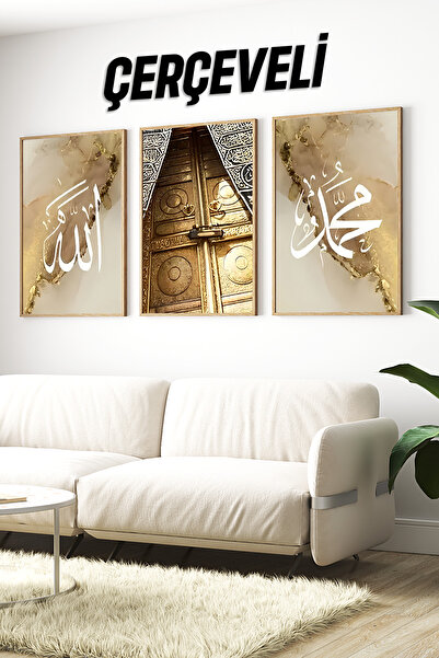kutuTR 🕋 Altın Kâbe Kapısı ve Hat Sanatı Temalı 3'lü MDF Çerçeveli Tablo Set...