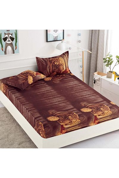 FIONNA.RO Elasticated Duvet Cover and Pillowcases Made of Finet 180x200cm - Brown with Tigers