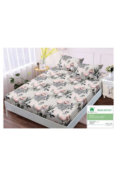 FIONNA.RO Elasticated Duvet Cover and Pillowcases Made of Finet 180x200cm - Grey with Pink Flowers