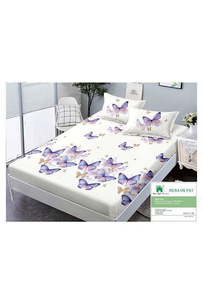 FIONNA.RO Elasticated Duvet Cover and Pillowcases Made of Finet 180x200cm - Purple Butterflies