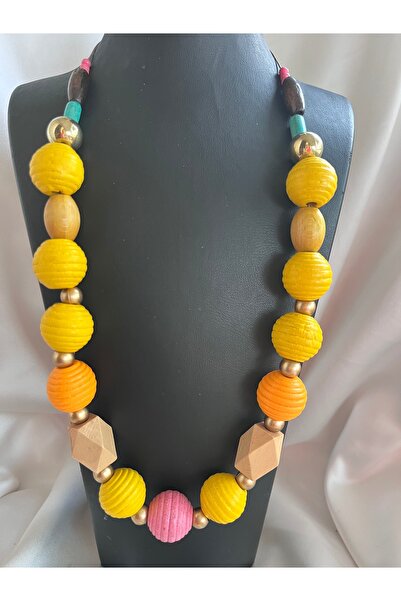 COCOSH TAKI Sarı pembe gold ahşap boncuklu yazlık çoklu tasarım kolye