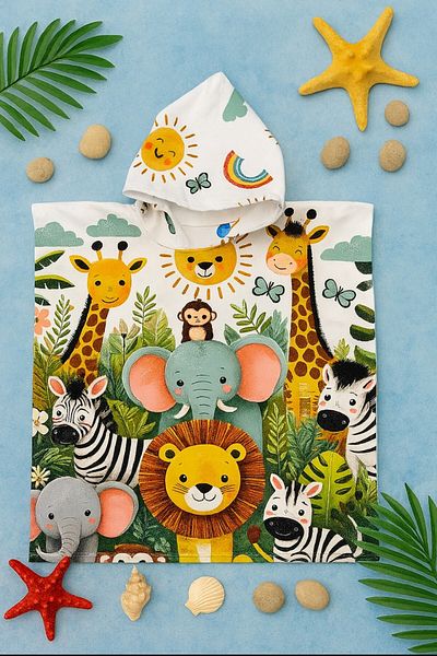 DeKuBaby New Season 100% Cotton Cartoon Character Patterned Hooded Children's Poncho Bathrobe (Beach - Pool - Bathroom)