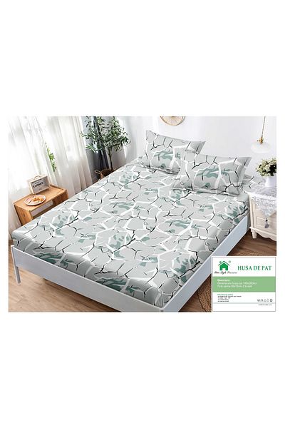 FIONNA.RO Elasticated Duvet Cover and Pillowcases Made of Finet 180x200cm - Grey with Green Abstract