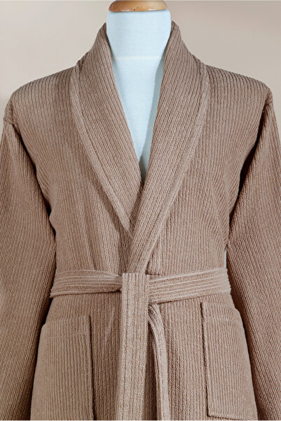 Ellaline 4 Piece Striped Bathrobe Set 100% Cotton Certified Family Towel Bathrobe Set Dowry Set Claret Red - Brown