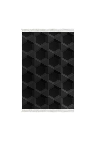 Dekoreko Non-Slip Base Djt Toilet Set Palace Leather Fringed Geometric E5016 Black