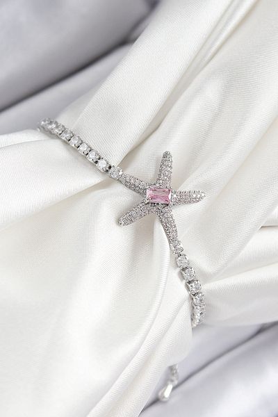 Clariss Brass Pink Zircon Stone Starfish Model Silver Color Elevator Women's Bracelet