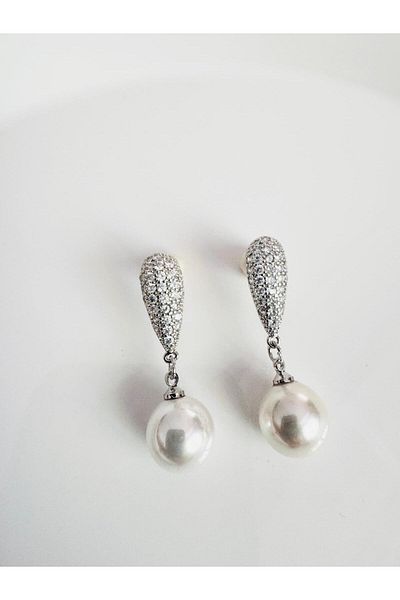 DEVİ fashion Silver Pearl Earrings with Zircon Stone 3 cm