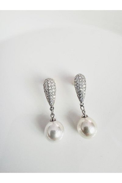 DEVİ fashion Silver Pearl Earrings with Zircon Stone 3 cm