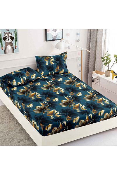 FIONNA.RO Elasticated Duvet Cover and Pillowcases Made of Finet 180x200cm - Navy Blue Flowers