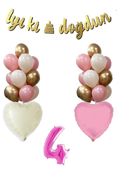 Atölye Mi 4 Year Old Pink Birthday Balloon Set 16Inch Pink Number Happy Birthday Set with Banner