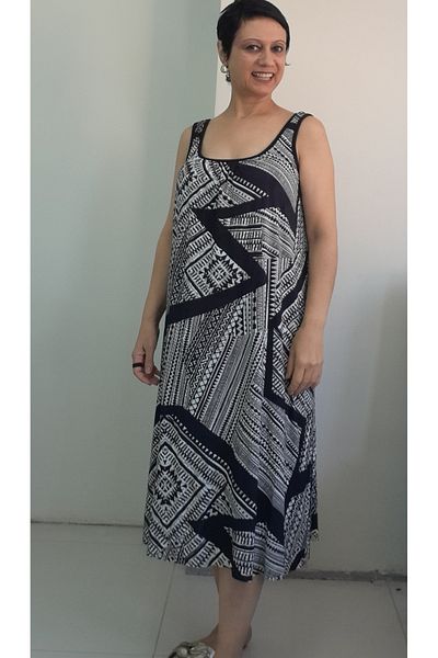 Mertcan Butik Black and White Patterned Suspender Combed Viscose Dress with Gathered Front and Back