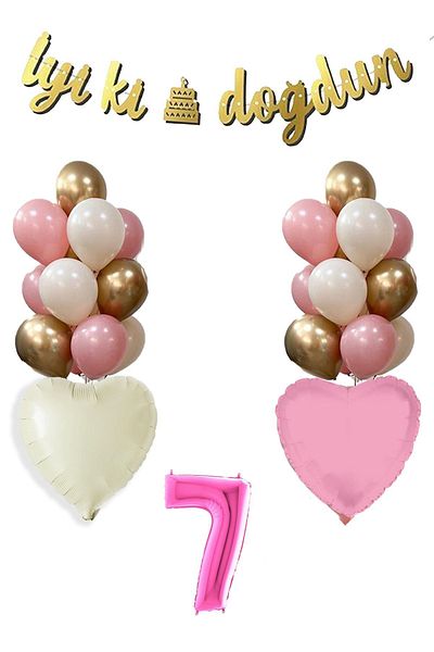 Atölye Mi 7 Year Old Pink Birthday Balloon Set 16Inch Pink Number Happy Birthday Set with Banner