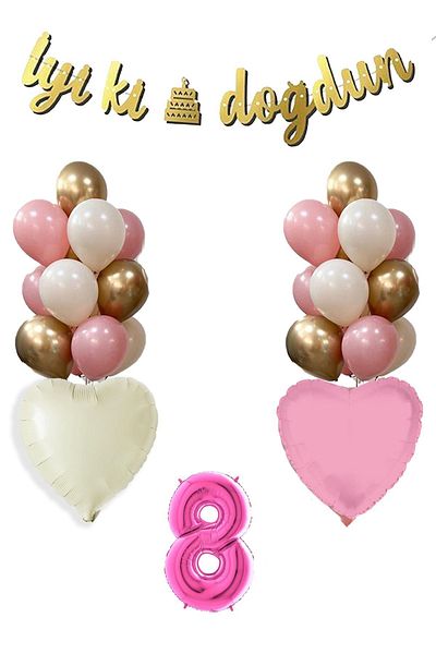 Atölye Mi 8 Year Old Pink Birthday Balloon Set 16Inch Pink Number Happy Birthday Set with Banner