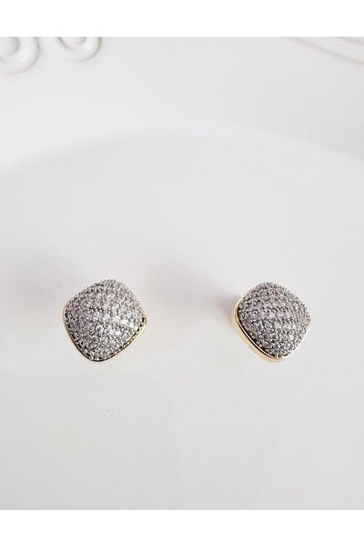 DEVİ fashion Silver Square Earrings with Zircon Stone 1 cm
