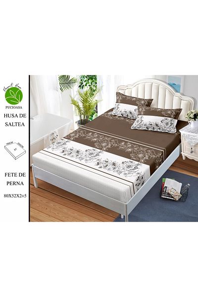 FIONNA.RO Elasticated Duvet Cover and Pillowcases Made of Finet 180x200cm - Brown and Flowers