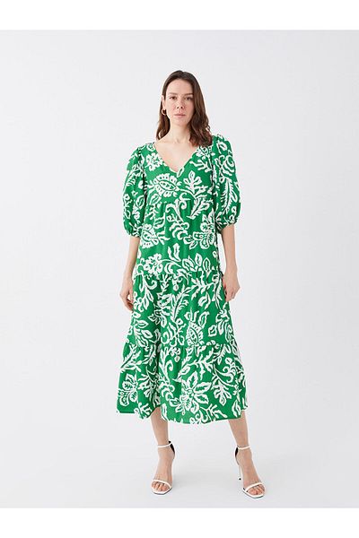 LC Waikiki V-Neck Patterned Balloon Sleeve Women's Dress
