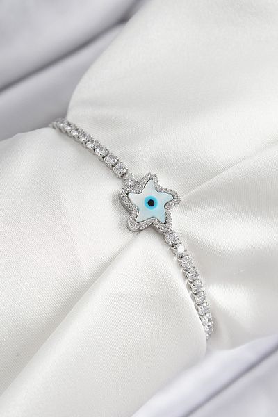 MÇ Plus Brass Zircon Stone Evil Eye Star Model Silver Color Elevator Women's Bracelet