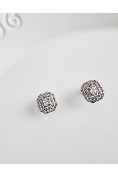 DEVİ fashion Silver Baguette Earrings with Zircon Stone 1 cm