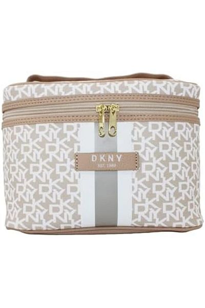 Dkny Signature Stripe Original Train Case Cosmetic Bag, Travel Make up Bag Small