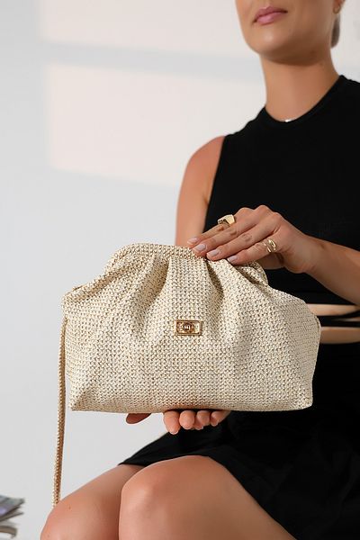 Encool Straw Look Women's Medium Size Bundle Form Stylish Handbag with Gold Accessories and Cross Strap