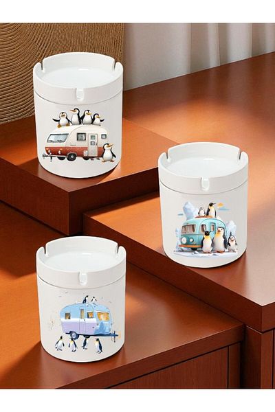 lili hediyelik 3-Piece Ceramic Ashtray with Caravan and Penguin - Home Kitchen Office Workplace Gift Item