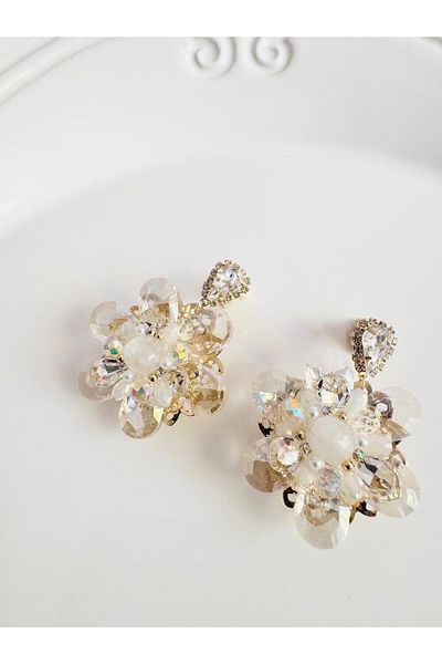 DEVİ fashion Evening Dress Crystal Flower Earrings 5 cm