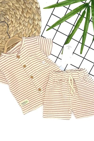 shopwave 9-12-18-24 Months Button Detailed Striped Muslin Fabric Summer 2-Piece Baby Boy Set