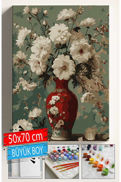 Sulepas Sayılarla Boyama Seti Numaralı Tuval Fırça Boya Dahil Kasnaklı Set 50x70 Cm - KIRMIZI VAZO