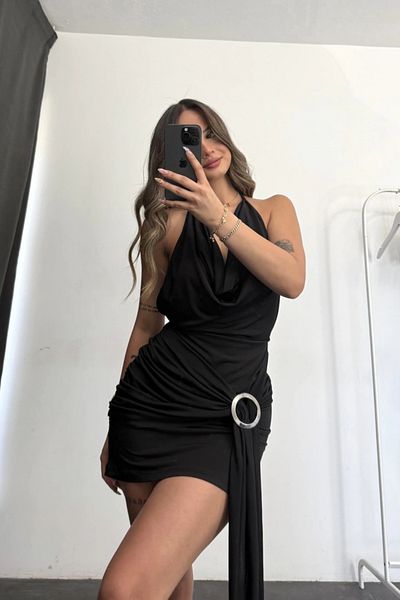 MOZENA Mini Dress with Hanging Collar and Buckle Detail