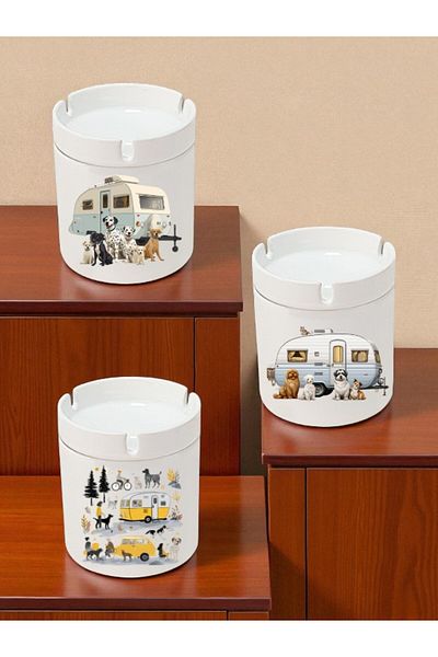 lili hediyelik Set of 3 Ceramic Ashtray Ash Tray with Caravan and Dog - Home Kitchen Office Workplace Gift Item