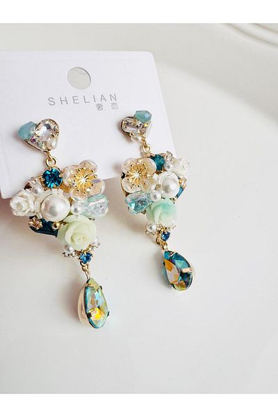 DEVİ fashion Evening Dress Crystal Flower Earrings 6 cm