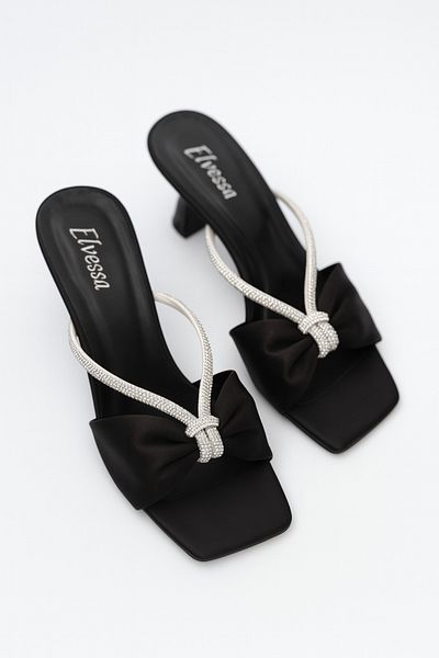 Elvessa Black Satin Shiny Stone Detailed 5 cm Thin Heeled Slippers Stylish Day and Night Invitation Evening Dress Shoes