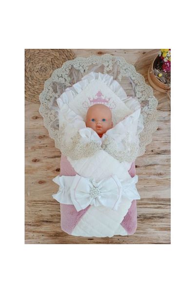 shopwave Newborn Wool Wool Fabric Crown Embroidered Guipure Veil Bow Prism Stone Unisex Swaddle Baby Blanket