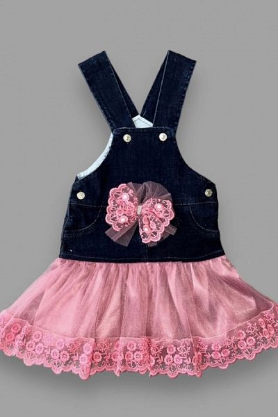 shopwave 2-3-4 Years Old Bow Button Detailed Tulle Skirt Denim Fabric Salopet Girl's Dress