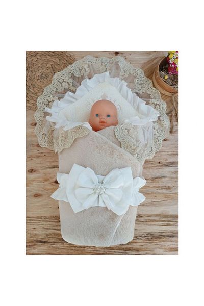 shopwave Newborn Wool Wool Fabric Crown Embroidered Guipure Veil Bow Prism Stone Unisex Swaddle Baby Blanket