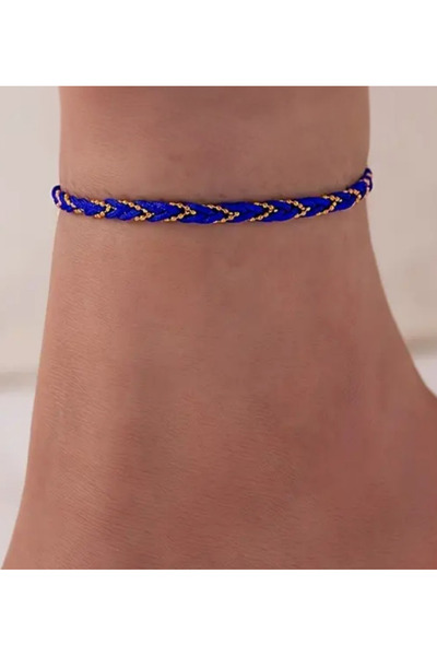 TREND Navy Blue & Gold Bead Detailed Ethnic Handmade Anklet Stylish Elegant Knitted Model