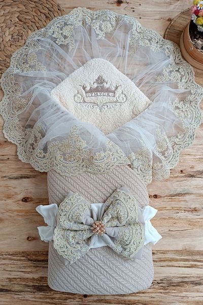 shopwave Newborn Lamb Crown Embroidery Laced Bow and Veil Prism Stone Unisex Swaddle Baby Blanket