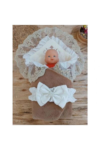 shopwave Newborn Wool Wool Fabric Crown Embroidered Guipure Veil Bow Prism Stone Unisex Swaddle Baby Blanket