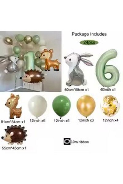 DÜVENCİ TİCARET Jungle Animal Theme Foil Balloons Rabbit Hedgehog Deer
